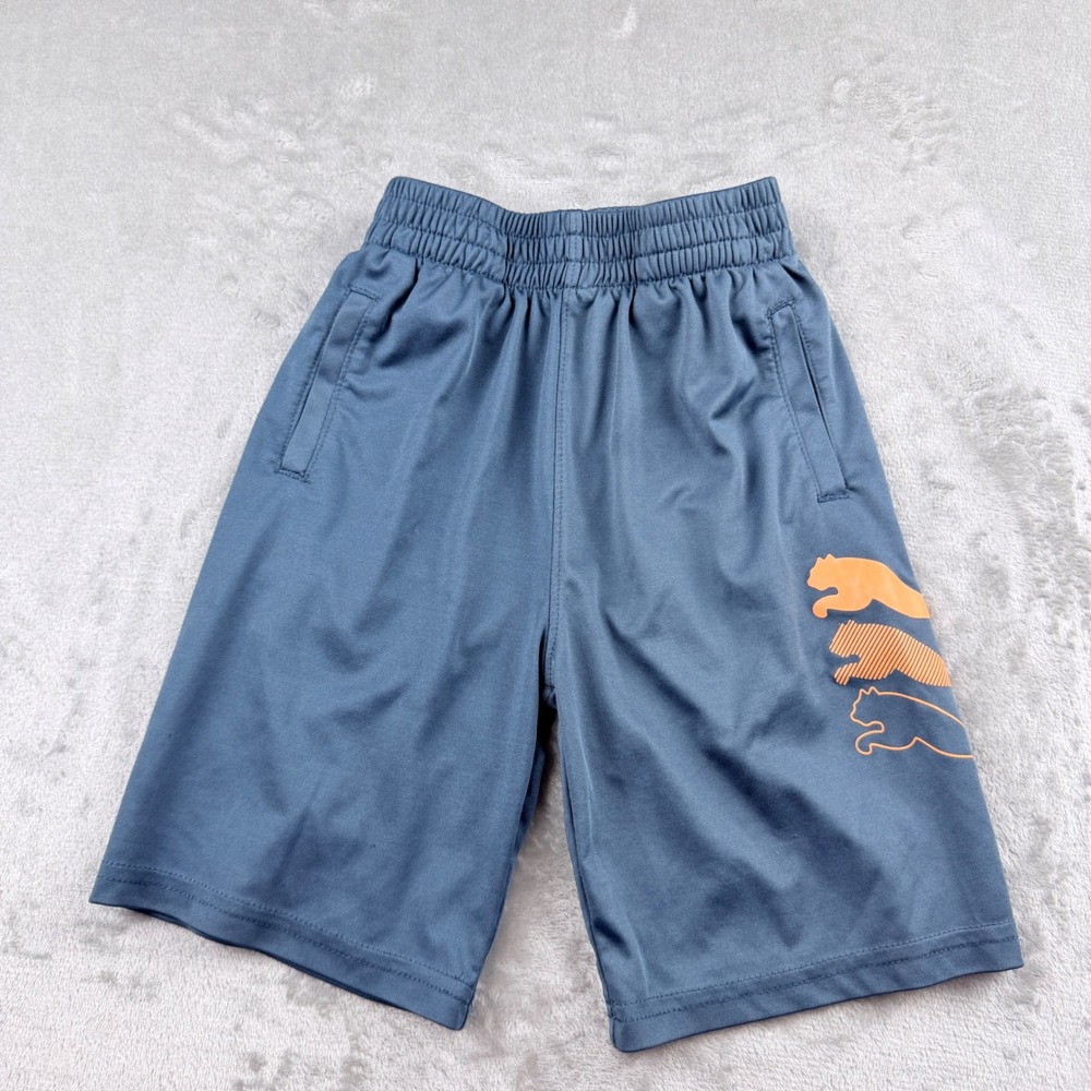 Puma Boys Gray Athletic Shorts Size 6 Orange Graphic Logo Activewear